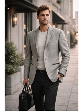 John Varvatos Blazer Mens 38R Wool Tailored Leather Trim Designer Gray